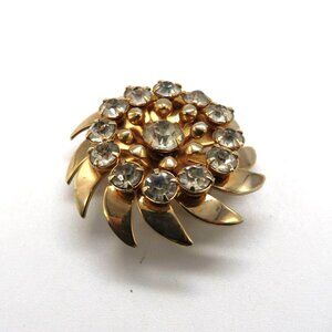 Vintage‎ Brooch Floral Gold Tone Rhinestone Swirl Flower Petals Pin